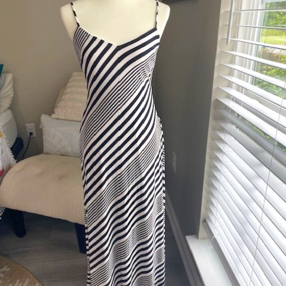 Ralph Lauren Womens Maxi Lined Black/White Stripe Dress w Spaghetti Straps SZ 4P